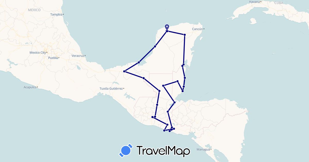TravelMap itinerary: driving in Belize, Guatemala, Mexico, El Salvador (North America)